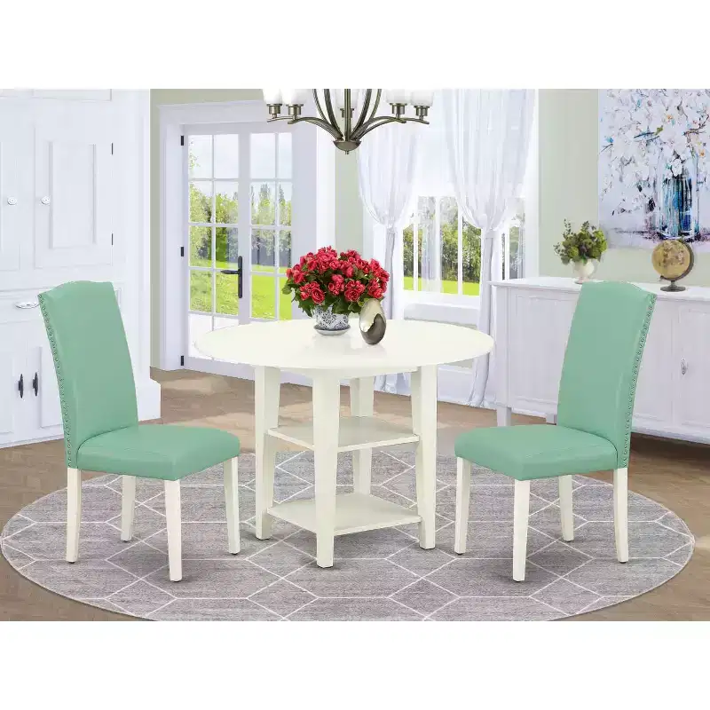 Vintage Dining Set 3Pc Table & 2 Chairs - 20x42 Table w/ Drop Leaves - Linen White Legs - PU Leather Seat