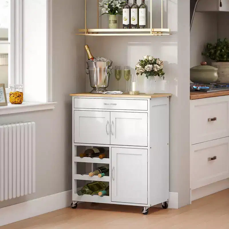 HOMCOM Bar Cart Rolling Kitchen Island on Wheels with 9-Bottle Wine Rack, Small Kitchen Cart Kitchen Storage Cabinets, Wooden Countertop, White