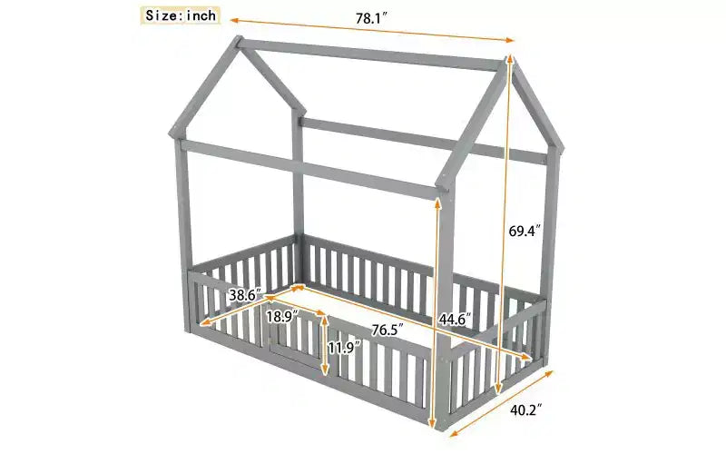 TUYOHW Twin Size Floor Bed Frame, Solid Pine Wood House Platform Bed Frame with Sky Roof & Guardrail Door, Toddler Bed for Kis Play & Sleep