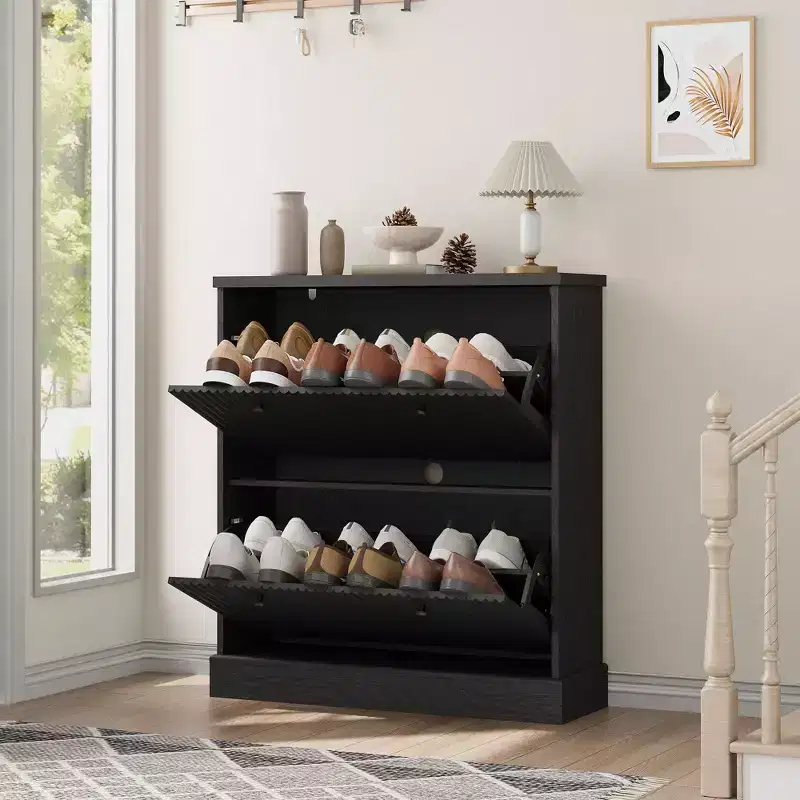 Shoe Cabinet with 2 Turnover Drawers - Fluted Narrow Entryway Storage - Adjustable & Removable Shelves - Modern Freestanding Shoe Organizer