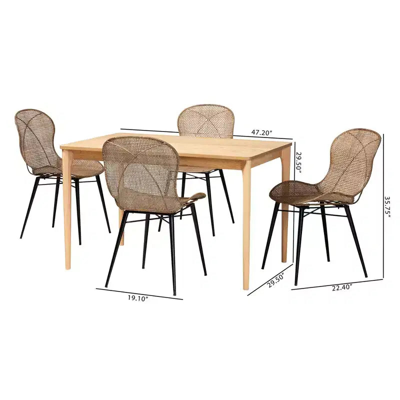 Baxton Studio Sabelle Japandi Wood and Rattan 5-Piece Dining Set