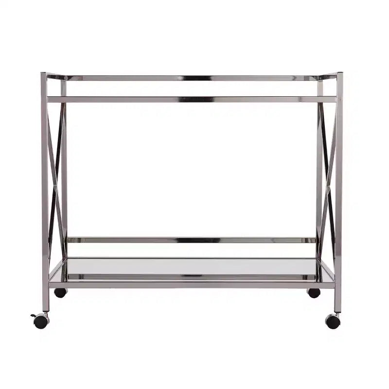 Two-Tier Bar Cart with Mirrored Shelves & Locking Wheels �C Silver & Charcoal