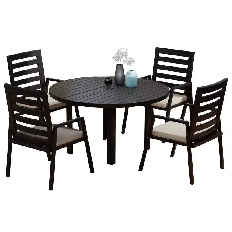 LeisureMod Chelsea 5-Piece Patio Dining Set, 48 Round Aluminum Dining Table and 4 Dining Armchair