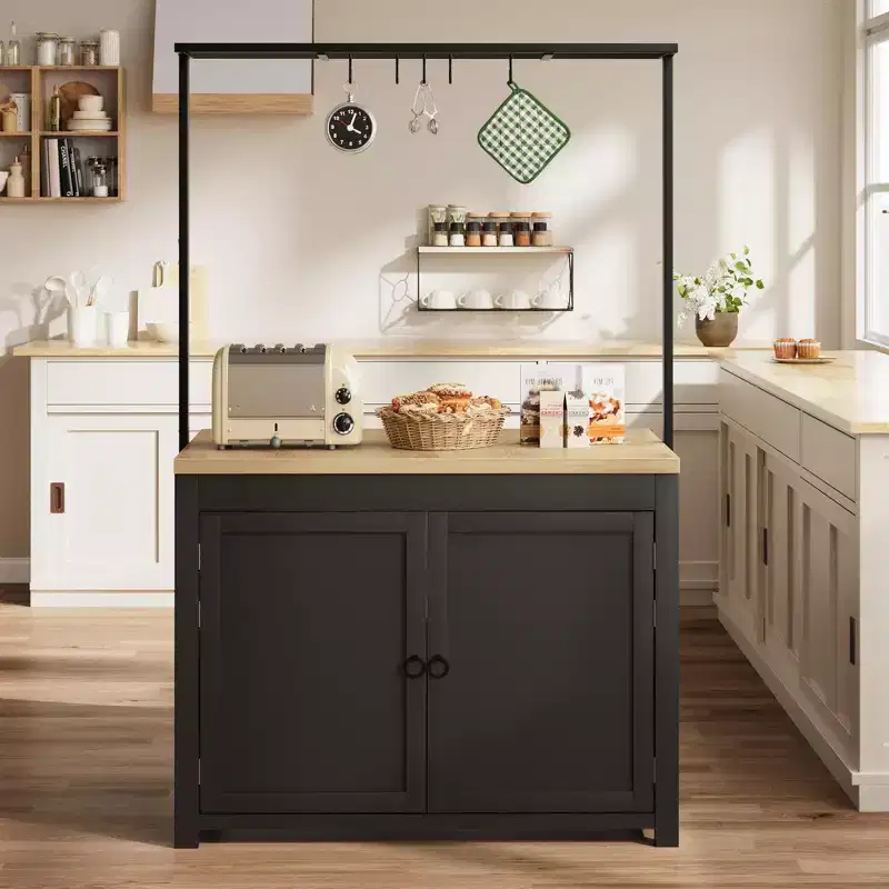 Coolmee Mobile Kitchen Island with Storage 42 - Heavy Duty Kitchen Cart with 2-Tier Shelves & 5 Hooks, Wood Countertop for Small Spaces