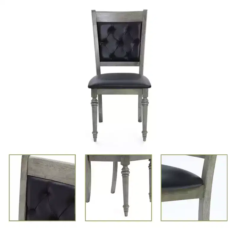 LuxenHome Set of 2 Gray Rubberwood and Upholstered Black Dining Chair