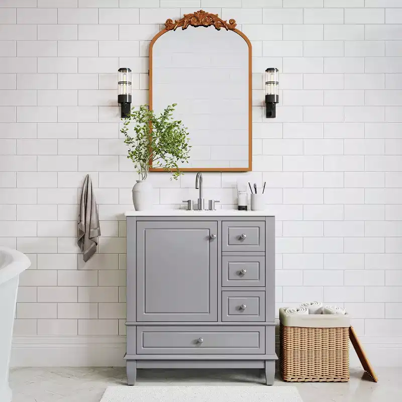 30 inch Light Green Bathroom Vanity with Sink and Iron Arched Mirror Cabinet, One Door with Shelf and Three Drawers