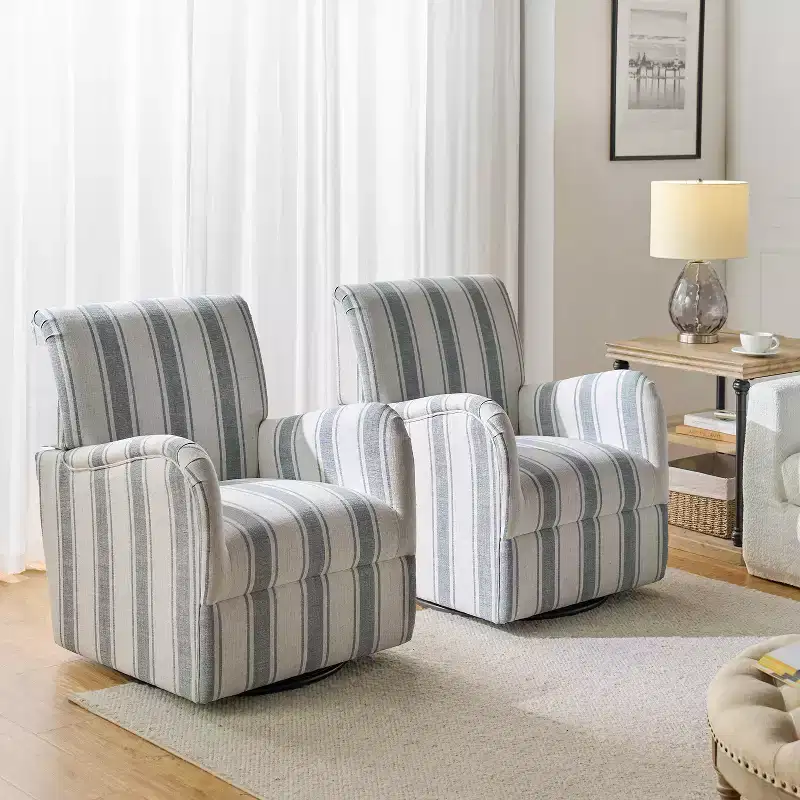 Set of 2 Livia Transitional 360-Degree Swivel Armchair With Jacobean Strip Pattern | HULALA HOME