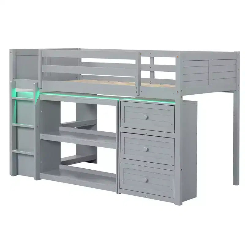 Costway Twin Size Loft Bed with LED Lights Underbed Space Drawers Shelves Ladder Gray/White