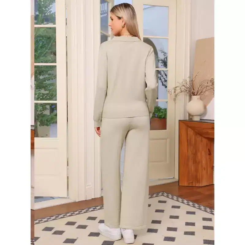INSPIRE CHIC Women's V Neck Lounge Outfits Trendy Cozy Clothes Knit Sweater Top Wide Leg Pants Set 2 PCS