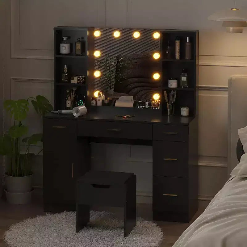 Vanity Desk with LED Mirror, 5 Drawers and 6 Open Shelves, Adjustable Lighting, Dressing Table