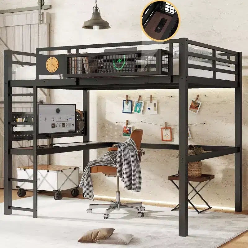 Bellemave Metal Loft Bed with Desk & Pegboard, Built-in Clock & Charging Station, Storage Basket, Space-Saving Modern Frame, Twin XL & Full Sizes