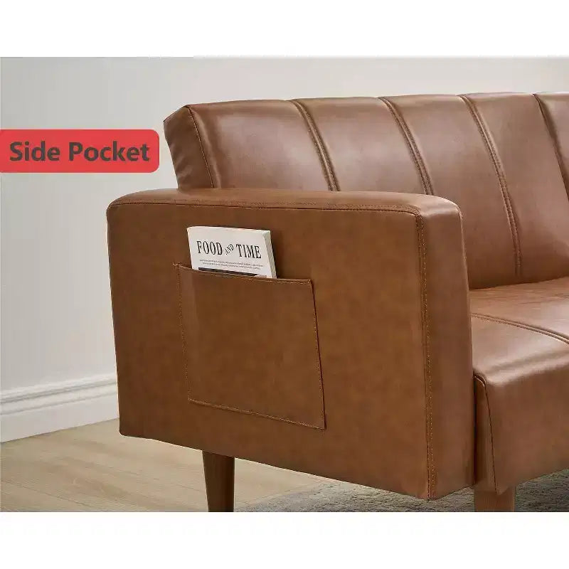 75 inch Futon Sofa Bed, Mid-Century Modern Futon Couch, Convertible Sleeper Sofa with Adjustable Backrest,Loveseat with Side Pockets, PU Leather Sofa