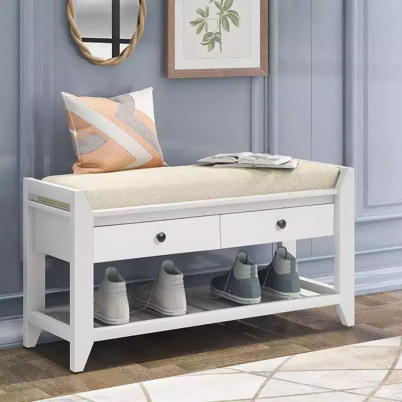 Acekool 35.4 Farmhouse Storage Bench with Cushion, 2-Tier Entryway Bench with Shelf & 2 Drawers for Bedroom, Hallway, Living Room, White