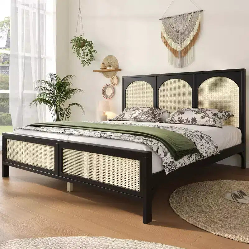 Whisen Queen Size Wood Platform Bed Frame with Rattan Headboard and Footboard, Sturdy Construction