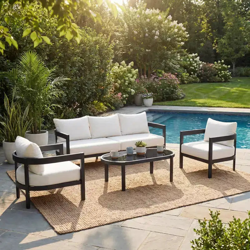 Christopher Knight Home Daniela Modern 4 Piece Aluminium Patio Seating Set with Curved Backrest, Cushion and Tempered Glass Top
