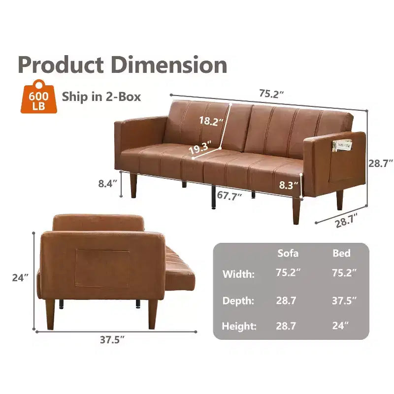 75 Futon Sofa Bed, Mid-Century Modern Futon Couch, Convertible Sleeper Sofa with Adjustable Backrest, PU Leather Sofa Couch for Living Room, Brown