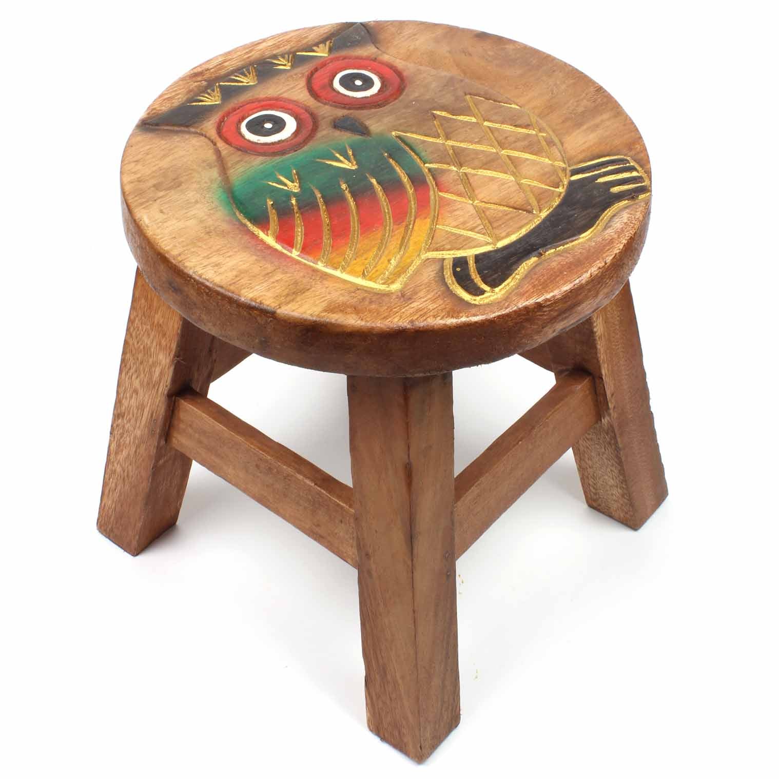 Owl Carved Raintree Wood Stool
