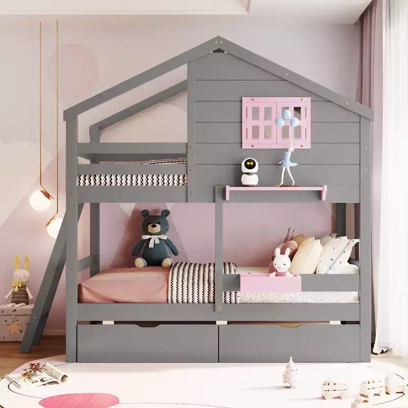 Whisen Twin over Twin Bunk Bed with 2 Drawers, Playhouse-inspired Style