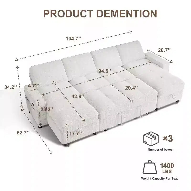 Dyonery 104 U-Shaped Sleeper Sofa Bed  Pull Out Couch with Reclining Back, Storage Chaise & Tool-Free Assembly