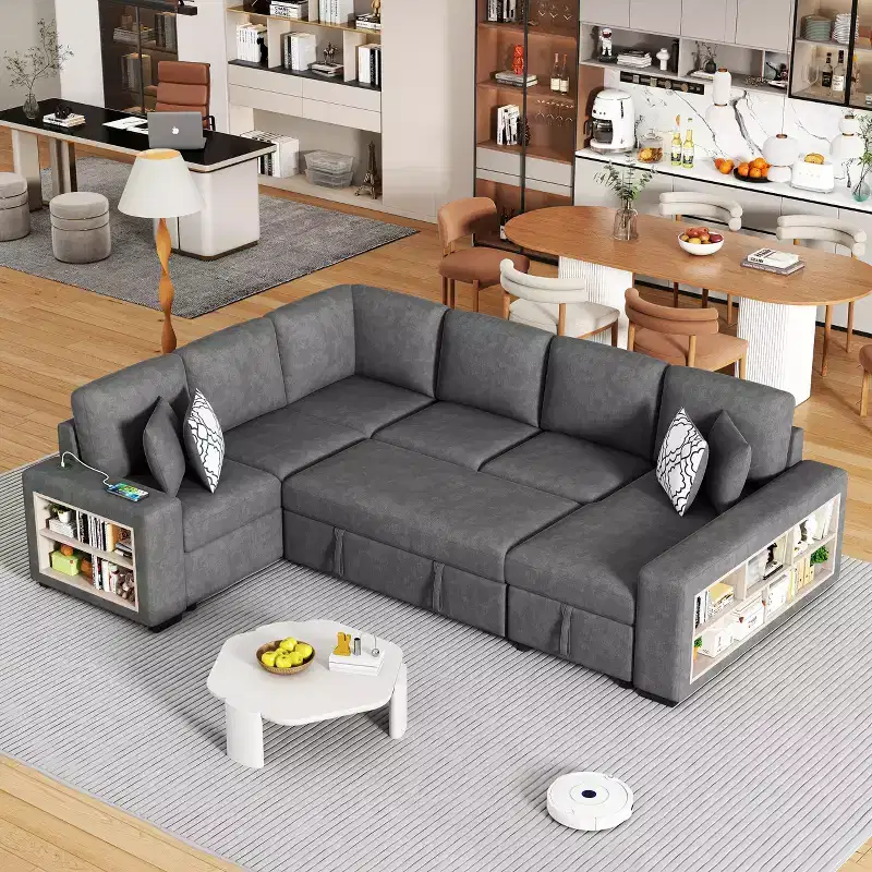 109 U-shaped Sectional Sofa Pull-out Sofa Bed with Two USB Ports, Storage Chaise Lounge and 4 Back Pillows
