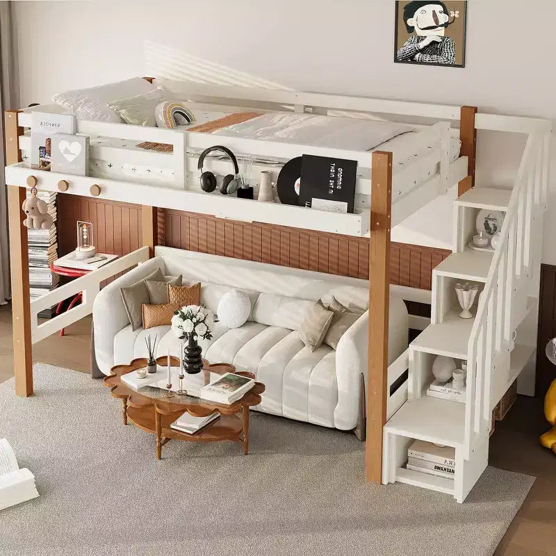 Modern Loft Bed with Storage Shelves, Clothes Hook and Underbed Space