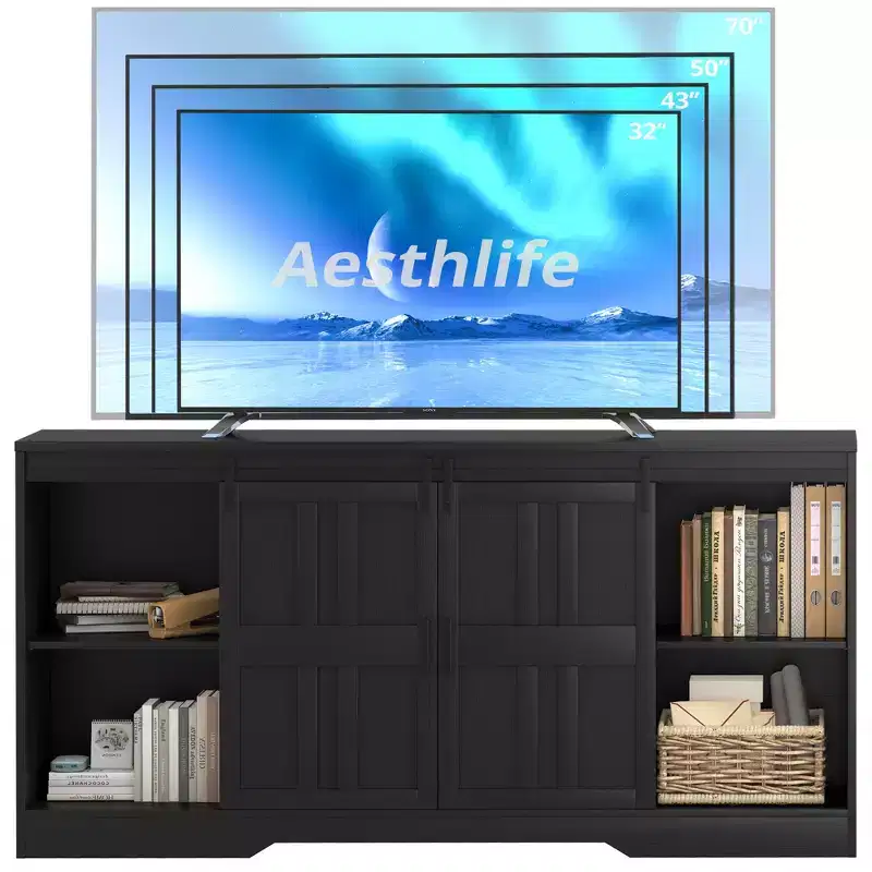 JVNOXK TV Stand for 65 Inch TV, Mid Century Modern Entertainment Center with Sliding Barn Doors, Black