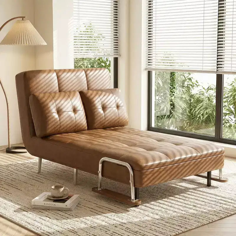 Modern Convertible Faux Leather Sleeper Sofa, Fold-Out Loveseat Bed with Wood Armrests Gaoyangjiaju