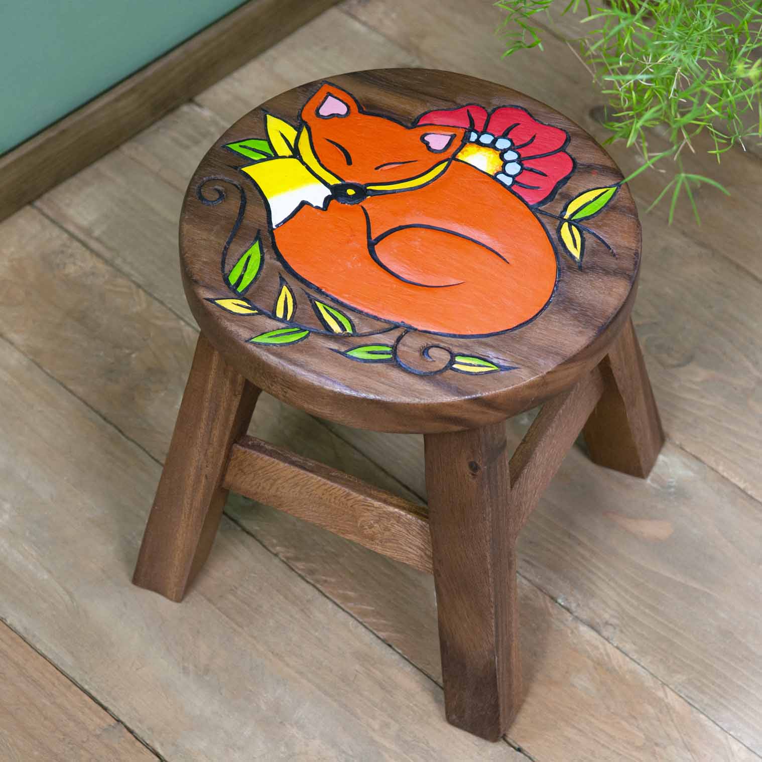 Sleeping Fox Carved Raintree Wood Stool