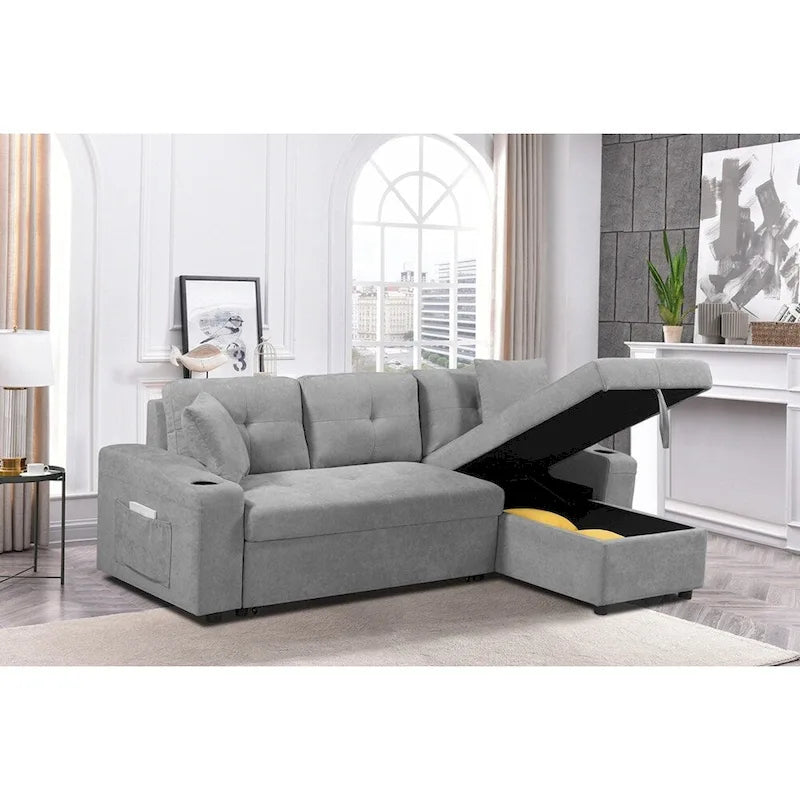 Upholstered Pull-Out Sectional Sofa with Reversible Storage Chaise