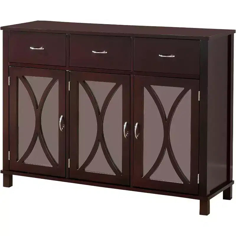 Kings Brand Furniture - 3-Door Sideboard Buffet Server Cabinet, Mirrored Doors/Espresso
