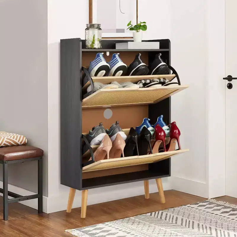 Natural Rattan Shoe Cabinet with 2 Drawers Narrow 9.25-Inch Depth Entryway