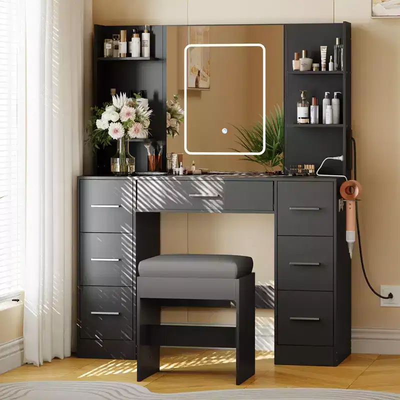 Vanity Desk with Mirror, LED Lights, Power Outlet & Stool – 7 Drawers, Dressing Table