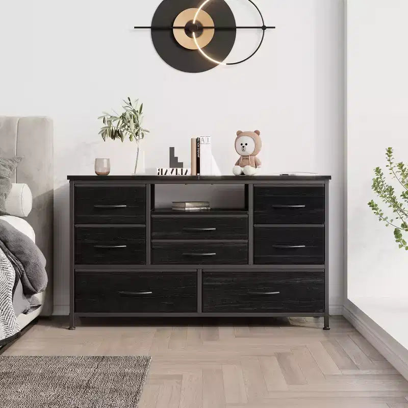 8-Drawer TV Stand for 55 TVs - Media Console with Adjustable Lights & Wood Top, Long Dresser for Bedroom & Living Room Storage