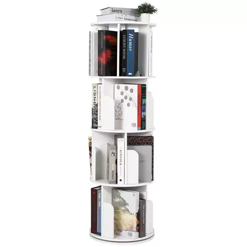4-Tier 360° Rotating Wooden Bookshelf, Floor-Standing Display Organizer