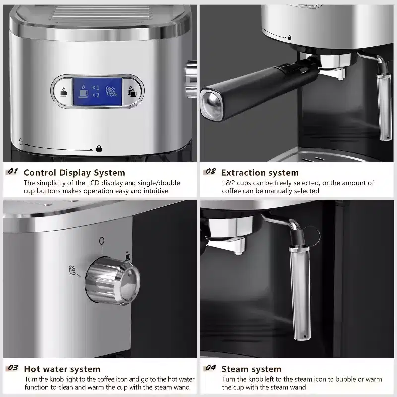 Home Espresso Coffee Maker with Milk Frother, LED Display & Removable Water Tank for Lattes and Cappuccinos