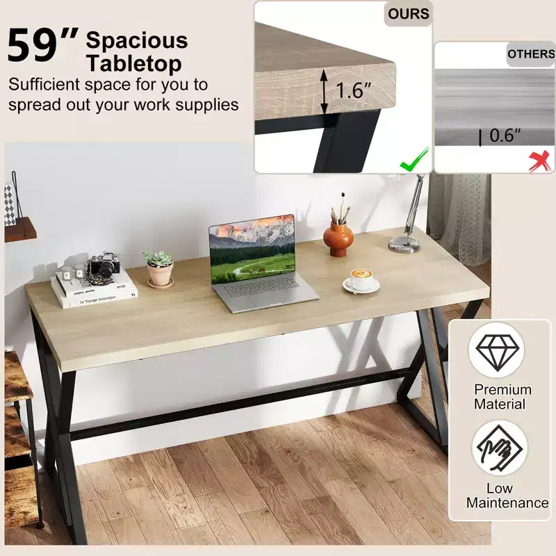 Costway 2PCS 59 Computer Desk Large Industrial Home Office Desk w/Heavy-duty Metal Frame