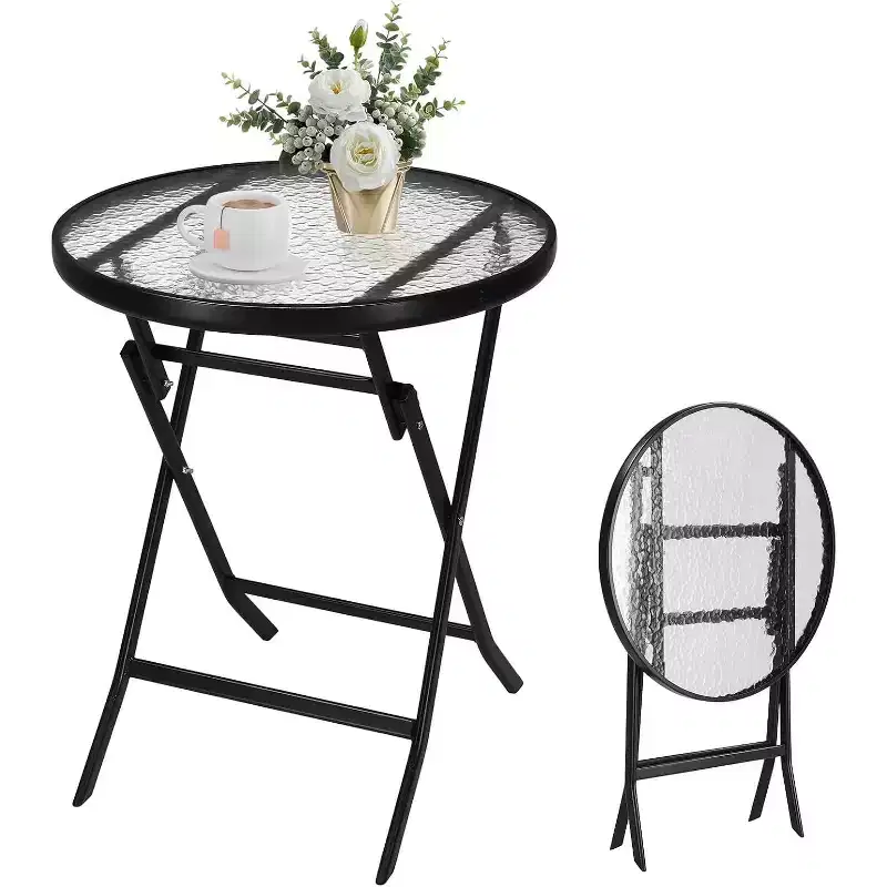 VINGLI Folding Glass Outdoor Side Table, 23.6 Inches Small Foldable Patio Bistro Table with Tempered Glass Table Top,Round