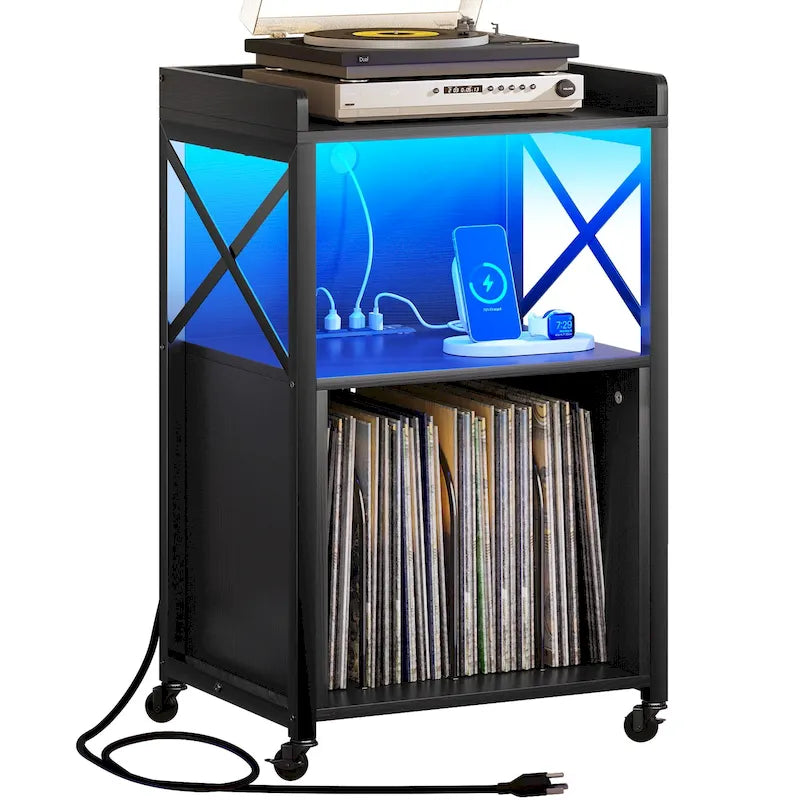 Vinyl Record Player Stand with LED Lights Charging Station Wheels Black Brown