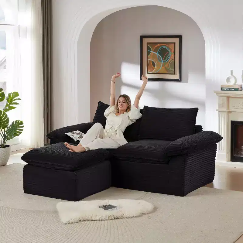 Modular Sectional Sofa with Ottoman, Corduroy Loveseat Sofa, Modern Small Cloud Sectional Sofa for Living Room & Bedroom-Panipeachy