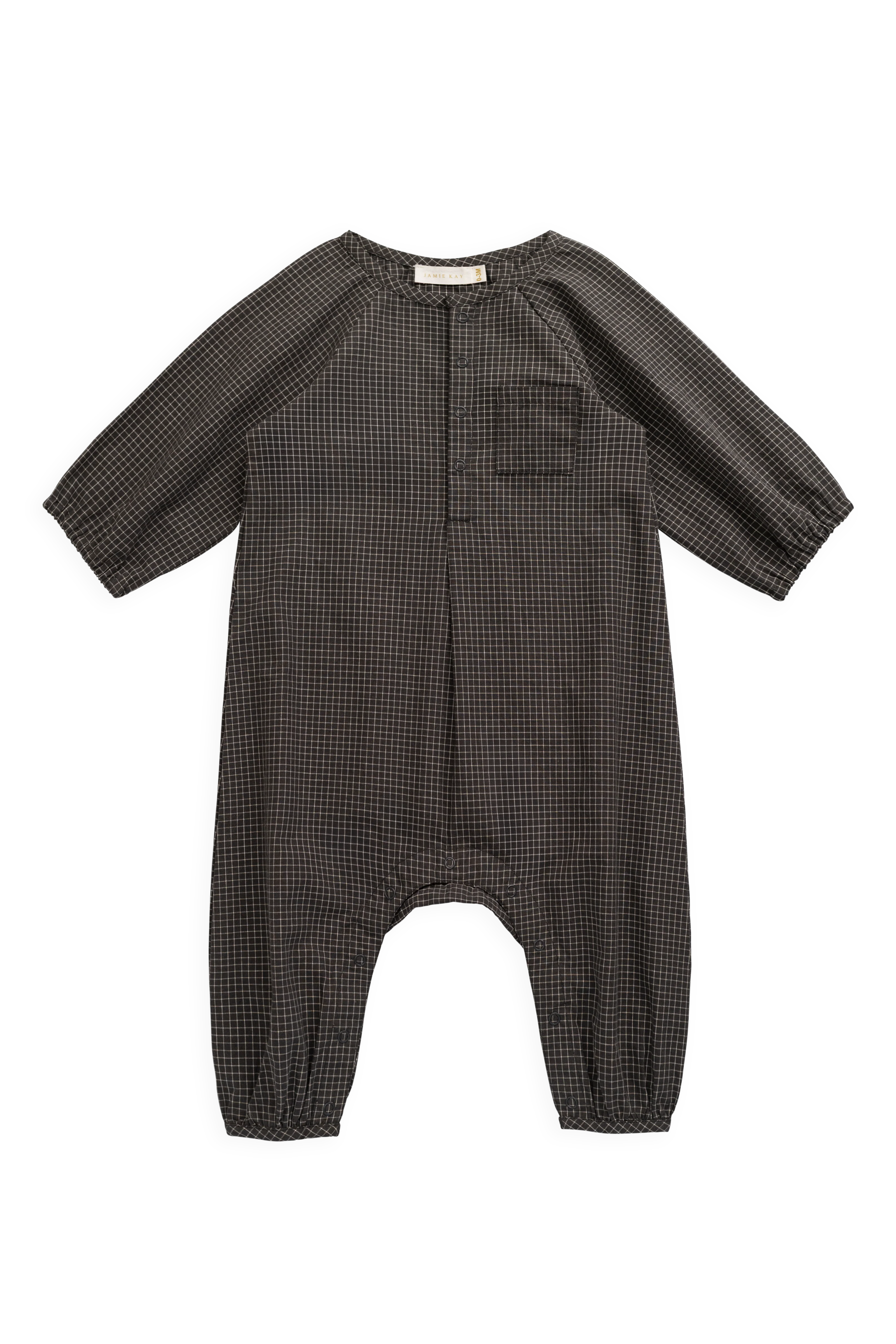 Classic Basalt Grid Organic Cotton Onepiece with Long Sleeves & Front Buttons