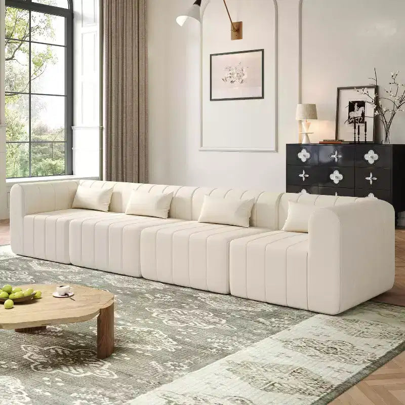 MAYEERTY 145.5-Inch Modular Sectional Sofa Beige Polyester Upholstery, 4-Piece Compressed Sponge Couch for Living Room