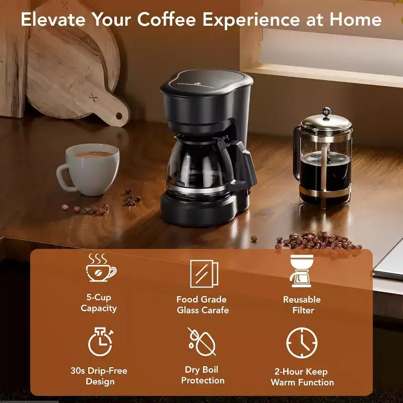 Compact 5-Cup Drip Coffee Maker with Timer, 2-Hour Auto Power-Off, 2-Hour Keep Warm, Pause & Brew, Reusable Filter, and Drip-Free Carafe