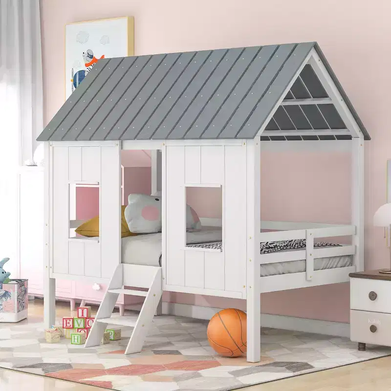 Twin Size Low Loft Bed, Wooden House Bed with Roof, Two Front Windows and Guardrail, White