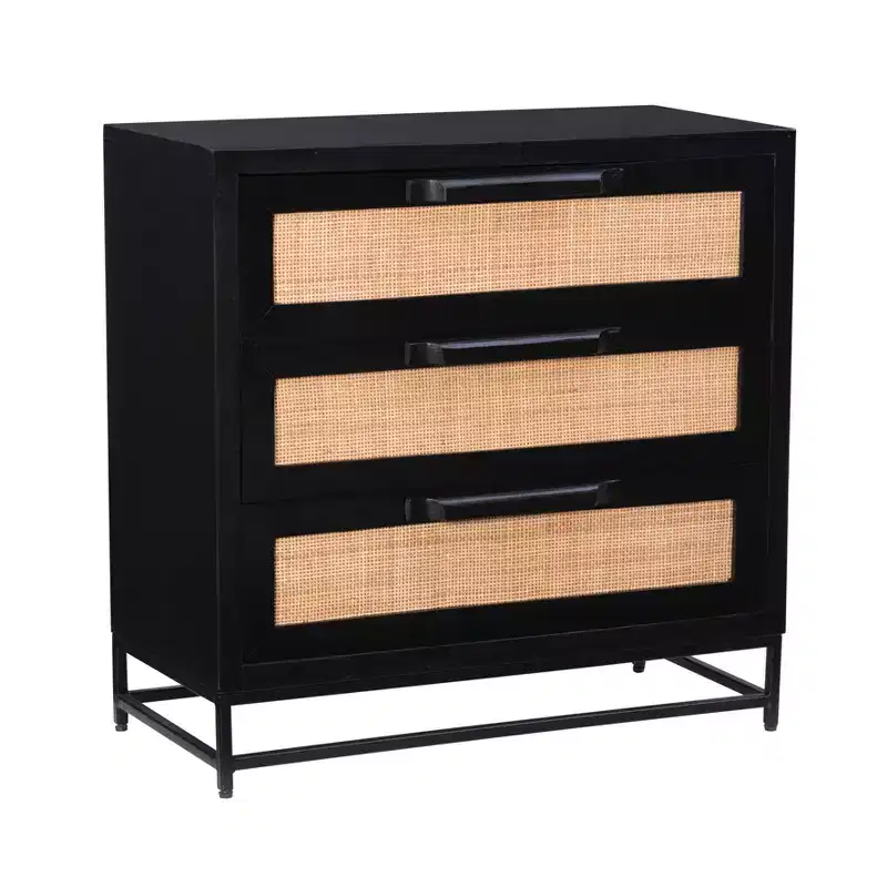 Powell Gordon Solid Wood and Natural Cane Black Metal Legs 3 Drawer Cabinet Black: Modern Farmhouse Style, Mango Surface