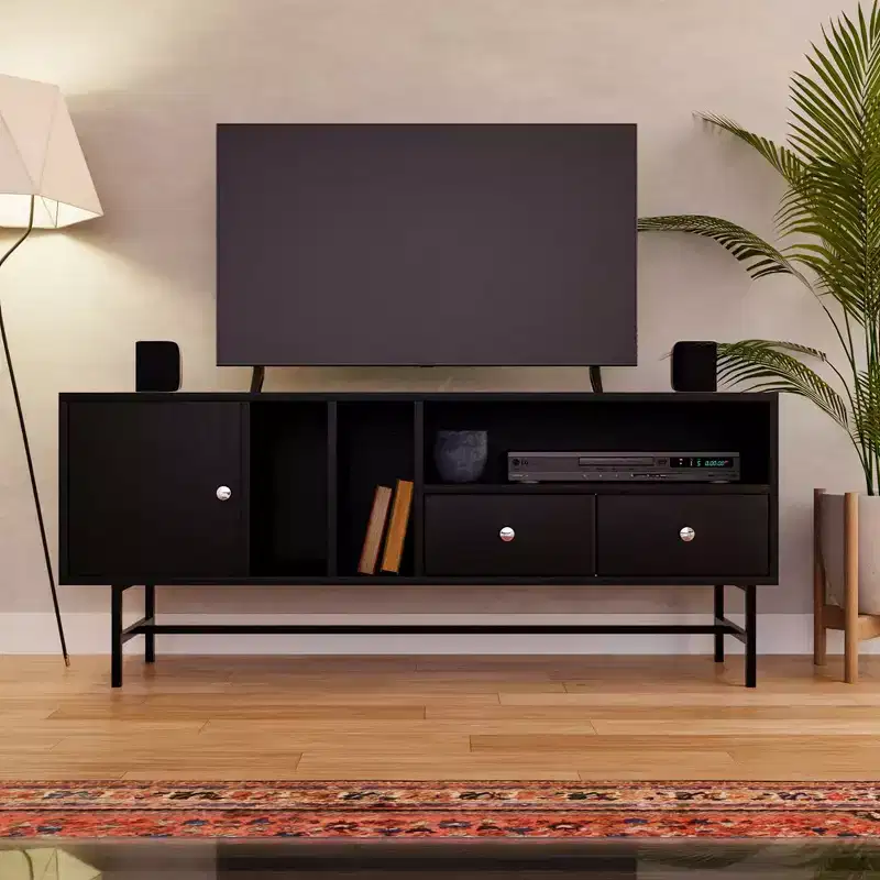 Rochester TV Stand with Wood Frame, Enclosed Storage & Black Iron Legs, Modern Entertainment Center