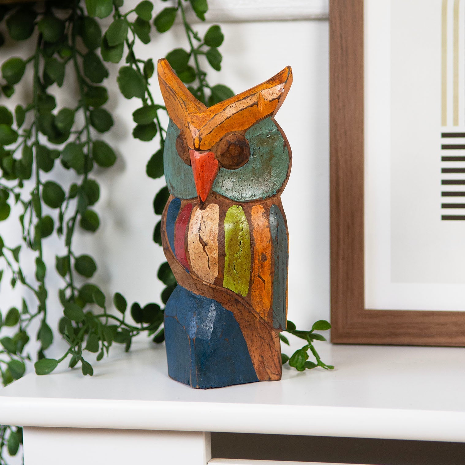 Rustic Painted Owl Carving