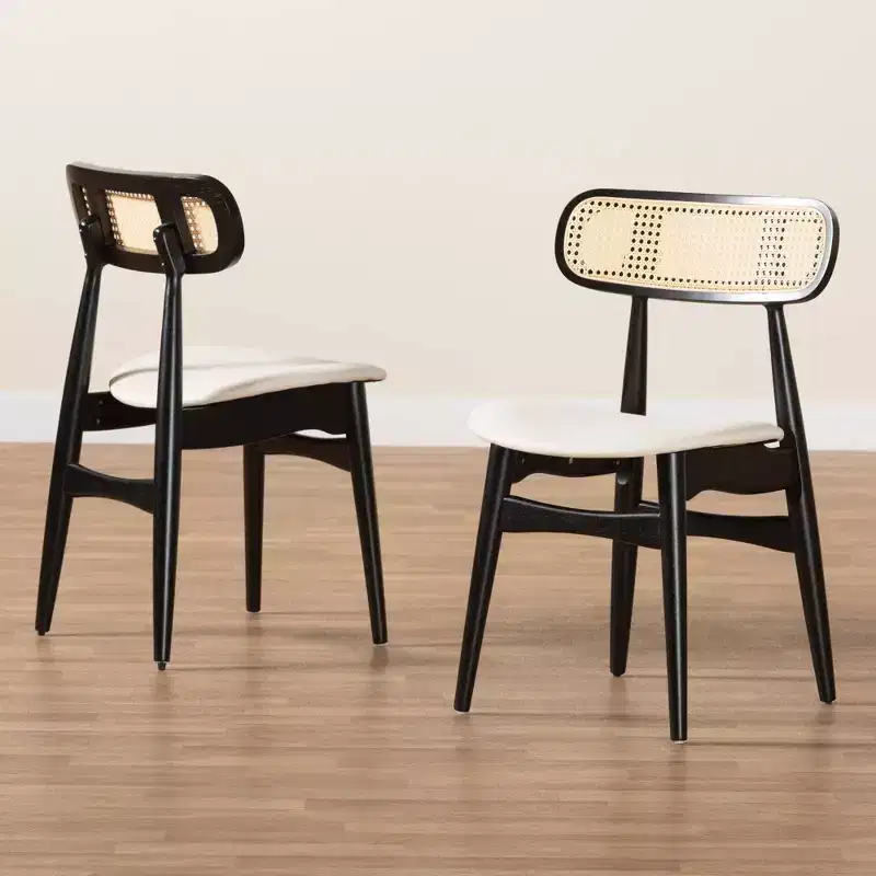 2pc Darrion Fabric and Wood Dining Chairs Cream/Black/Light Brown: Polyester Upholstery, Rubberwood Frame