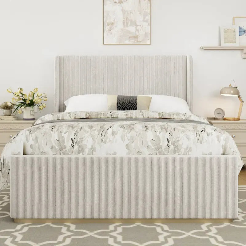 King Size Corduroy Upholstered Bed with 47 Wingback Headboard