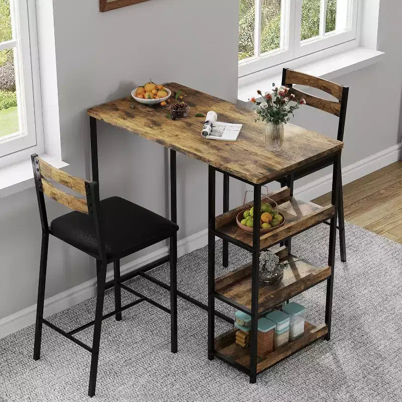 Acekool 3-Piece Kitchen Table Set with Storage Shelves and 2 Upholstered Chairs, Space-Saving Dining Table for Small Spaces