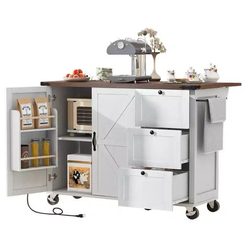 Whisen Farmhouse Style Kitchen Cart Island with Drop Leaf and Locking Wheels